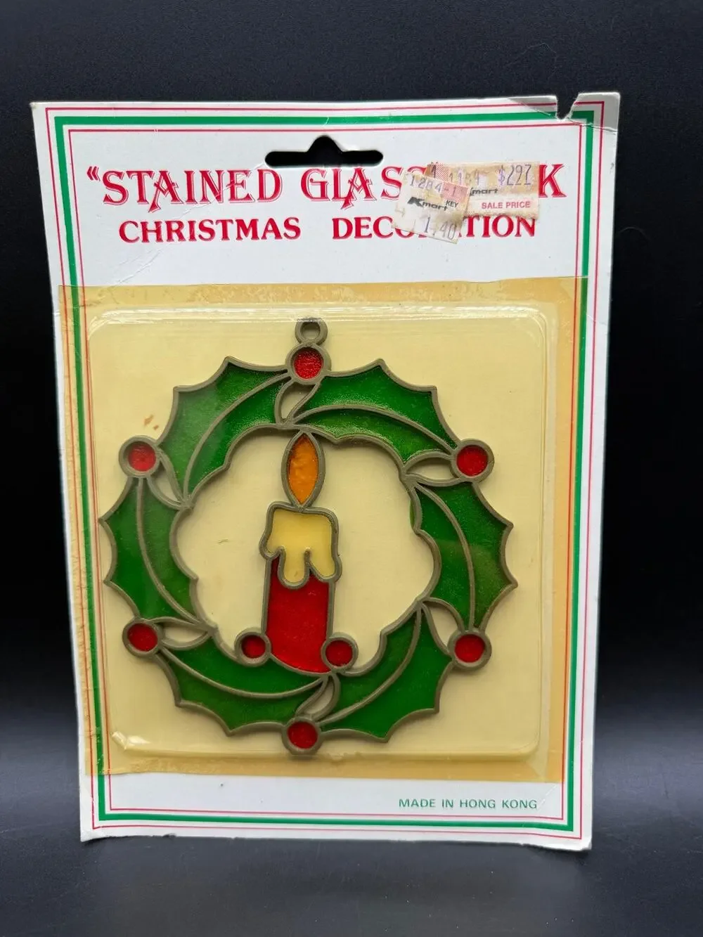 Vintage Hong Kong Stained Glass Christmas Wreath Candle Window Sun Catcher NOS